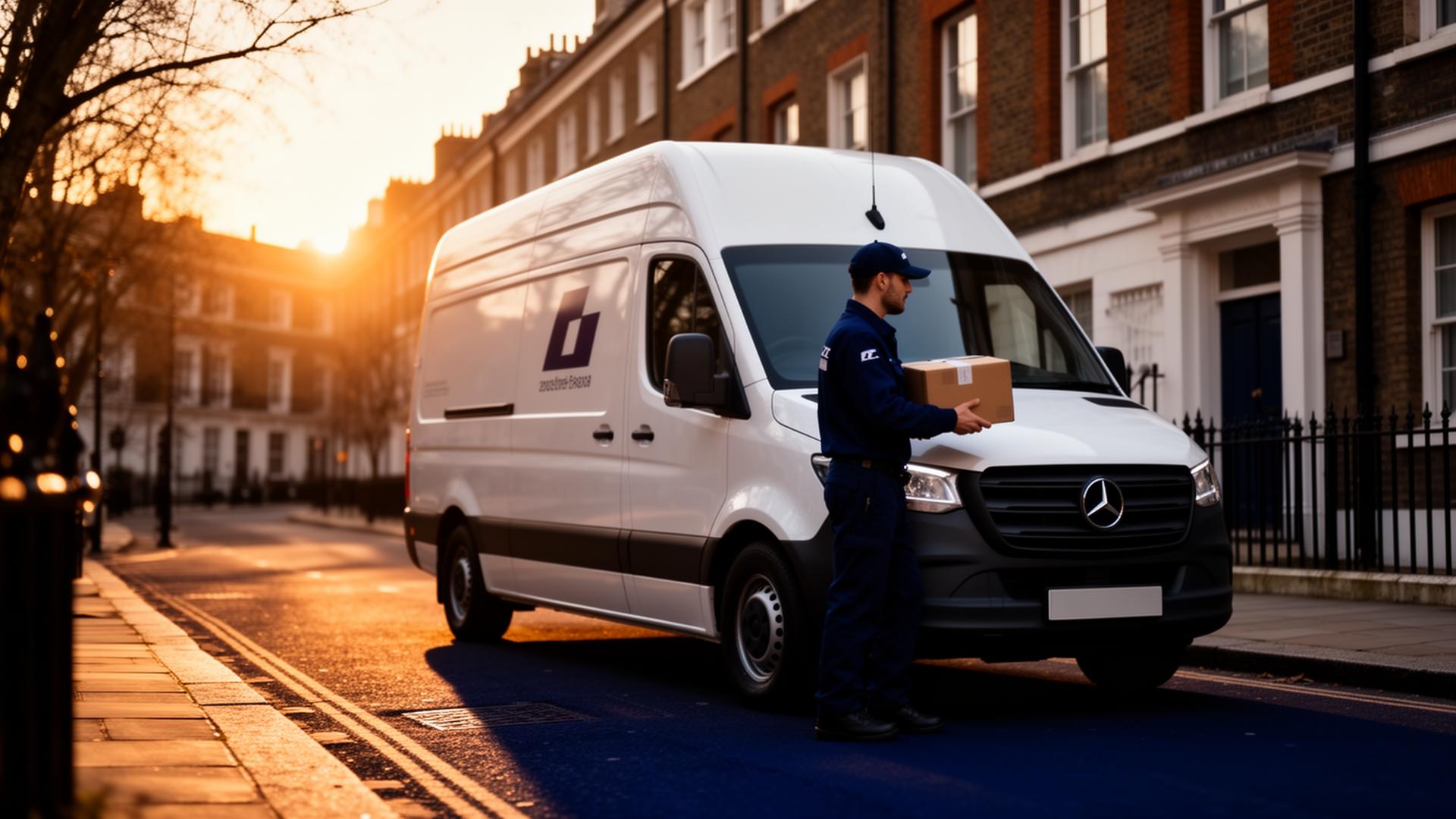 Capaholics courier delivering a parcel from a white van on a London street